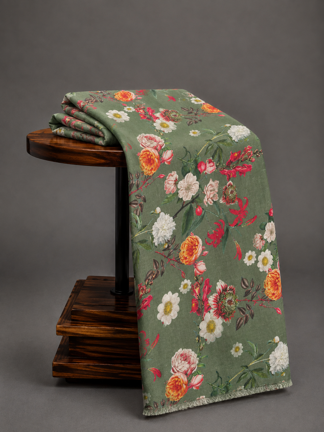 Sage Green Botanical Print on Modal Linen Fabric