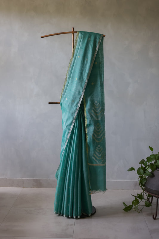 Green Silk Khadi All Over Polka Bengal Jala Pallu Saree