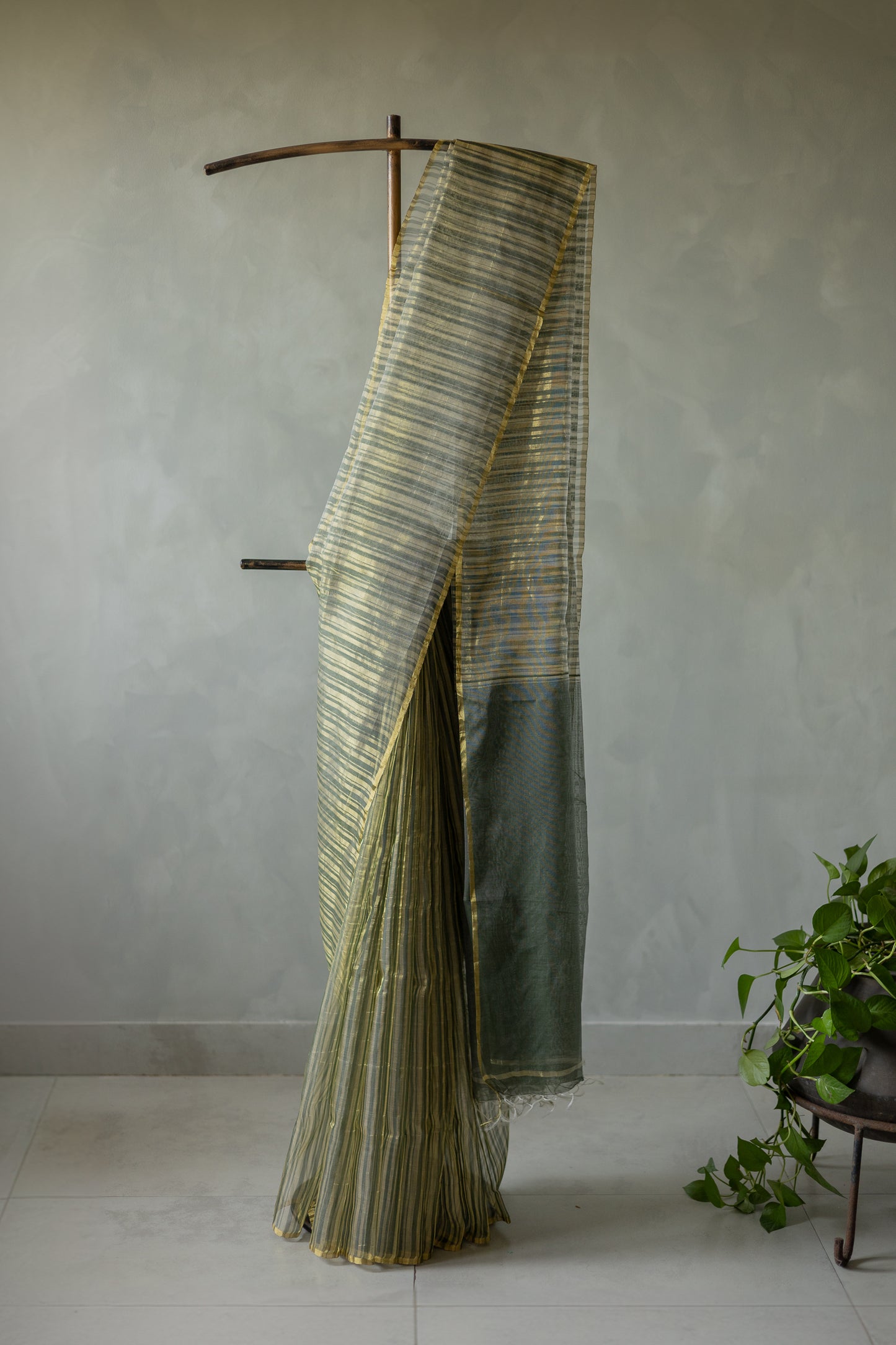 Gold Black Silk Cotton All Over Gold Tissue Random Striped Saree