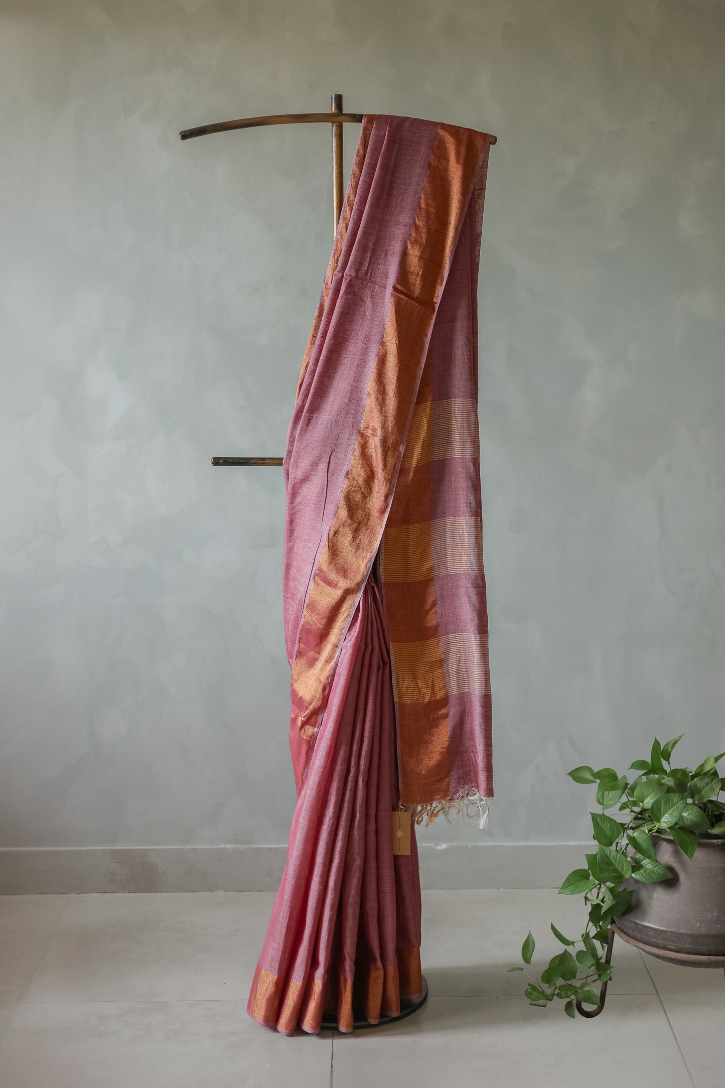 Light Maroon Khadi Plain Body with Zari Border Saree