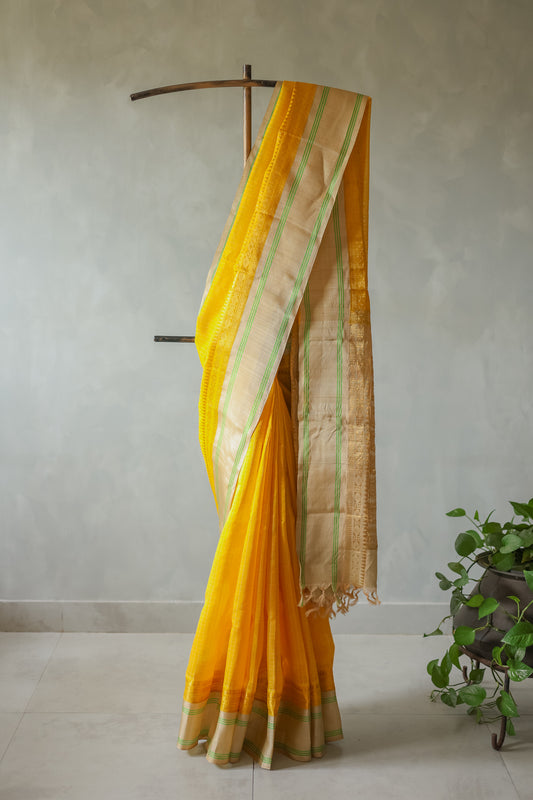 Yellow and Light Brown Border Gadwal Silk Cotton Saree