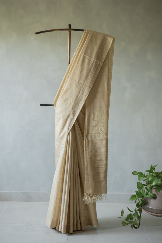 Beige Tussar Moonga Self Checks Woven Saree