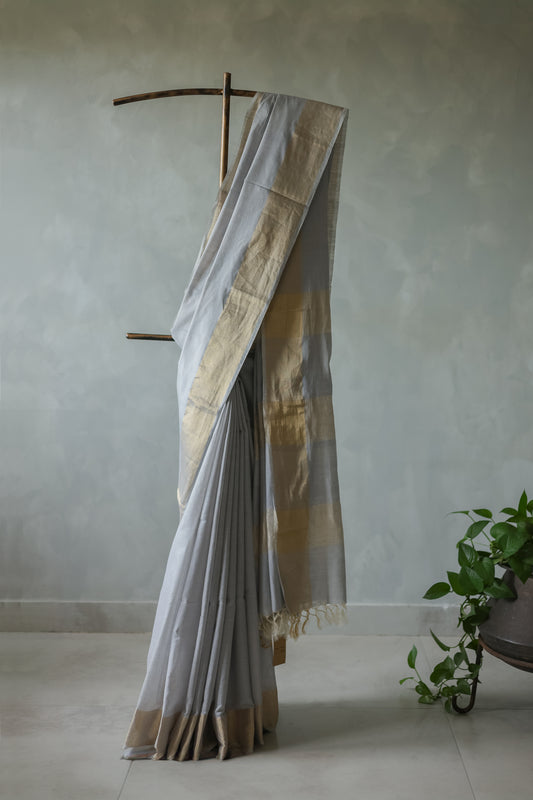 Light Grey Khadi Plain Body with Zari Border Saree