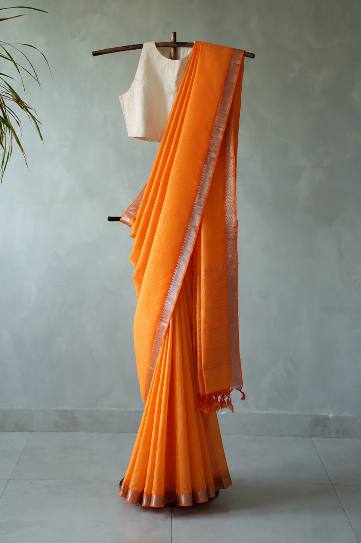 Fanta Orange Mangalagiri Silk Cotton with Silver Zari Border