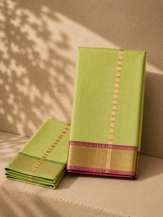 Tender Green Mangalagiri Silk Cotton Veshti Set with Gold Zari & Reddish Pink Border