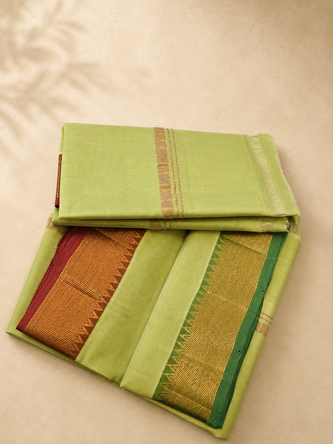 Tender Green Mangalagiri Silk Cotton Veshti Set with Gold Zari & Reddish Pink Border
