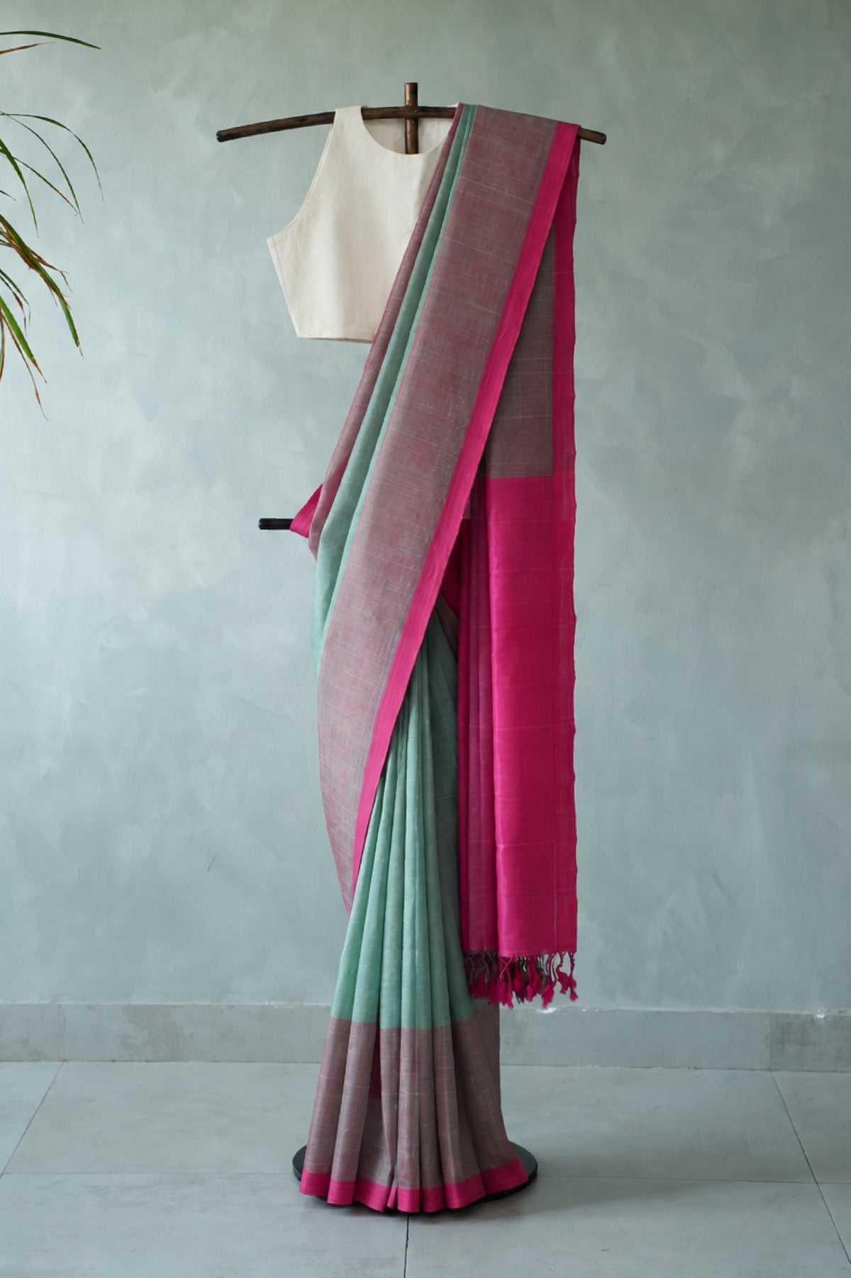 Pastel Mint Green Mangalagiri Silk Cotton Saree with Pink Border and Contrasting Pink Pallu