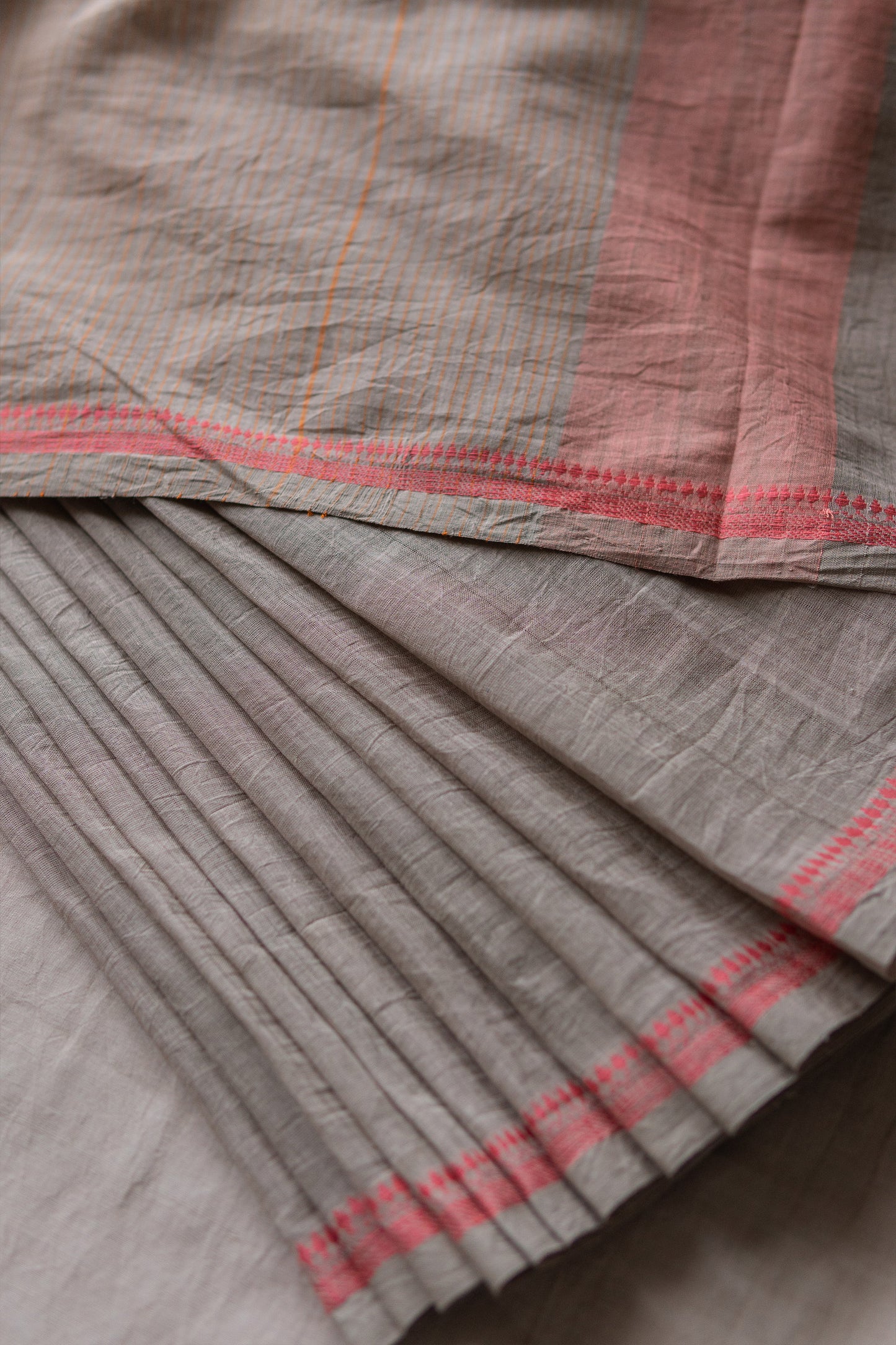 Light Brown Tussar Khadi with Small Resham Border and a Stripped Pallu Saree