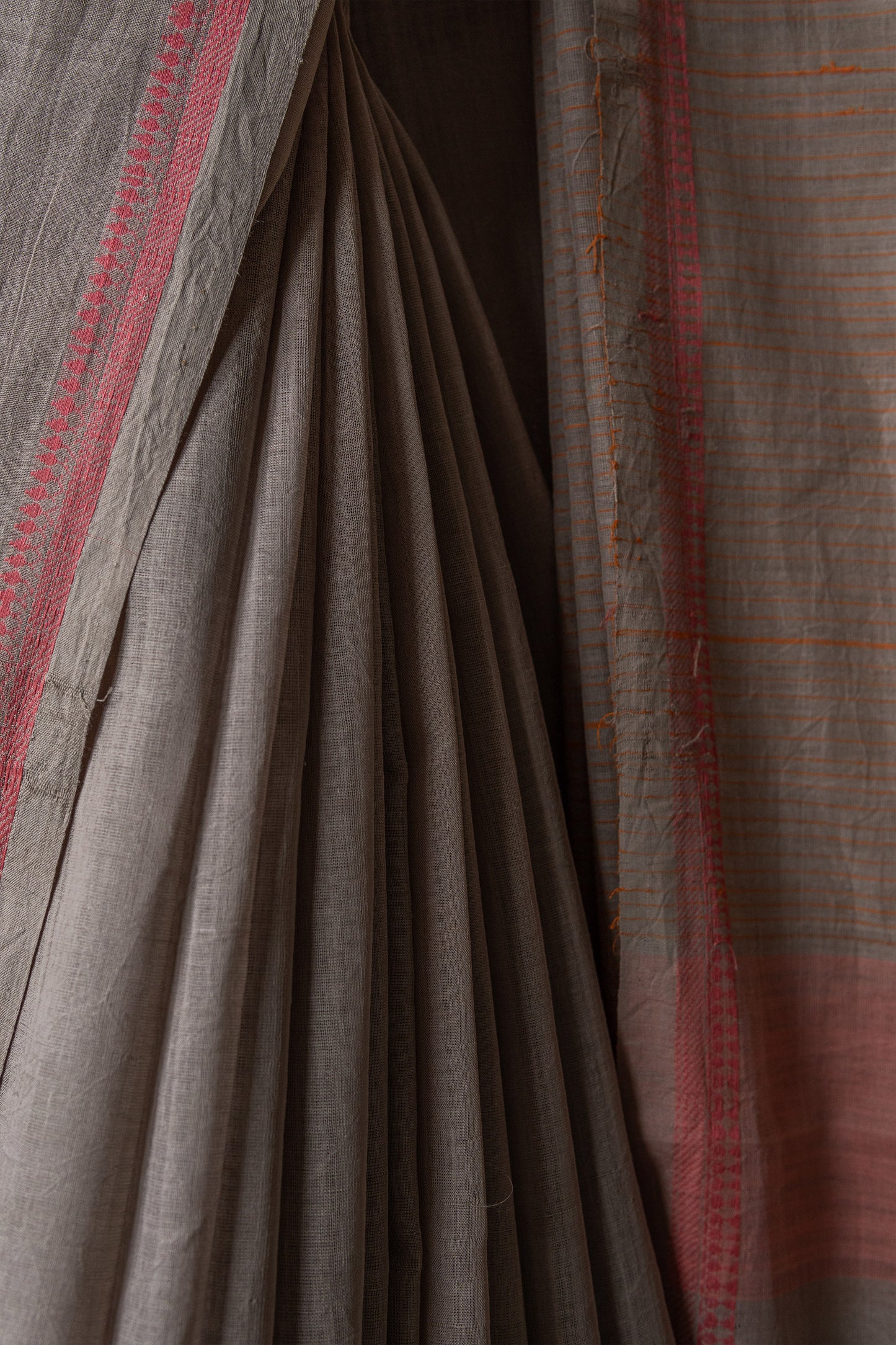 Light Brown Tussar Khadi with Small Resham Border and a Stripped Pallu Saree