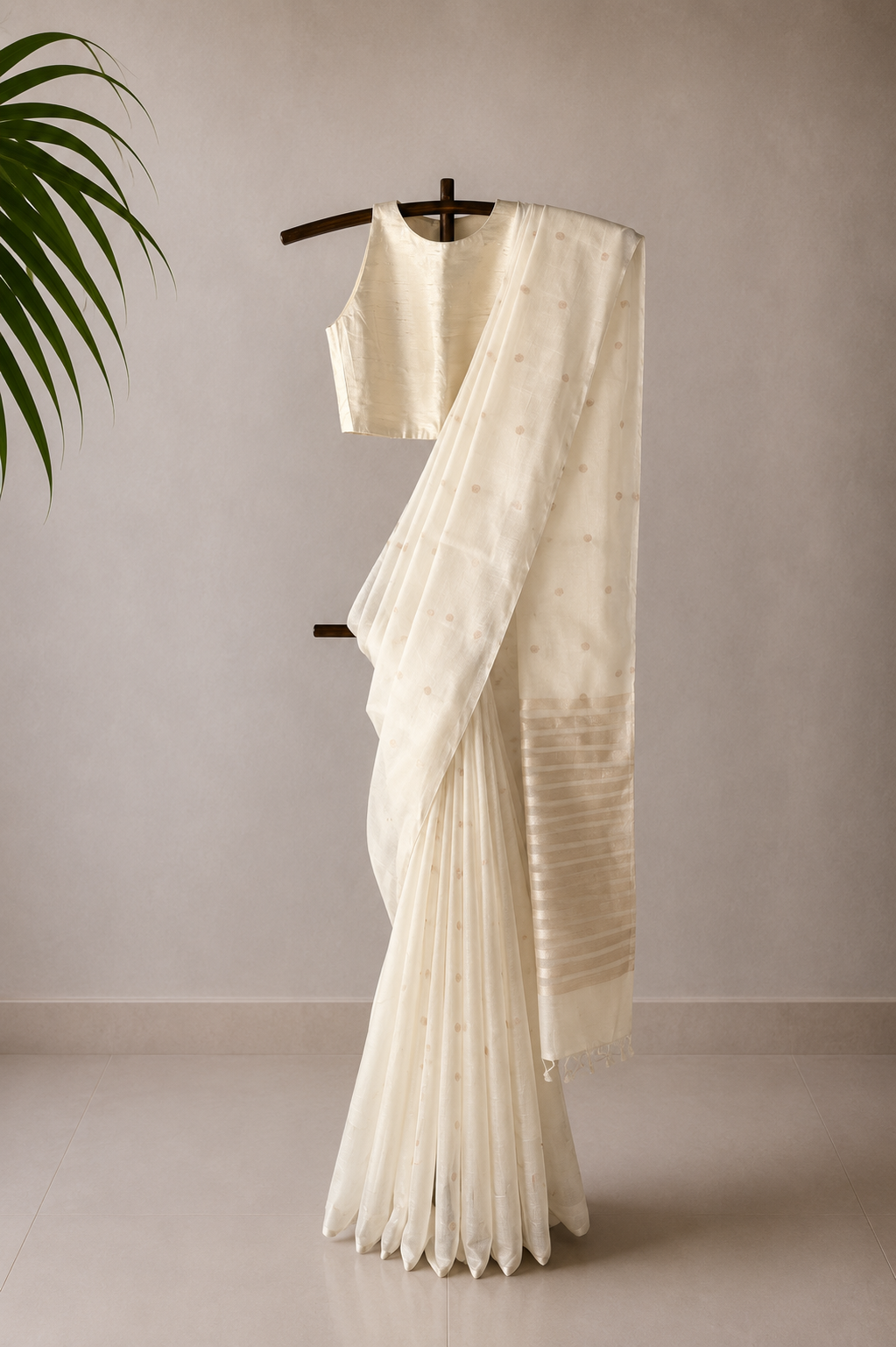 White Fine Chanderi Silk Saree with Gold Zari Buttis and Striped Pallu