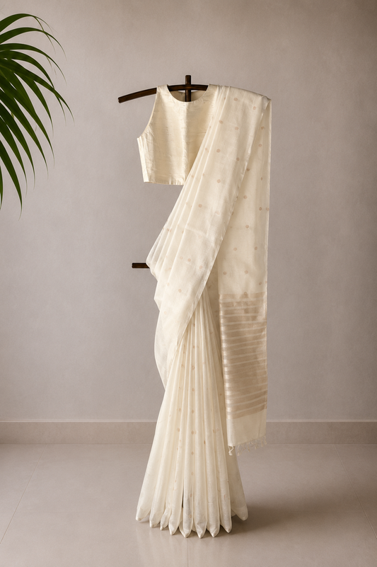 White Fine Chanderi Silk Saree with Gold Zari Buttis and Striped Pallu