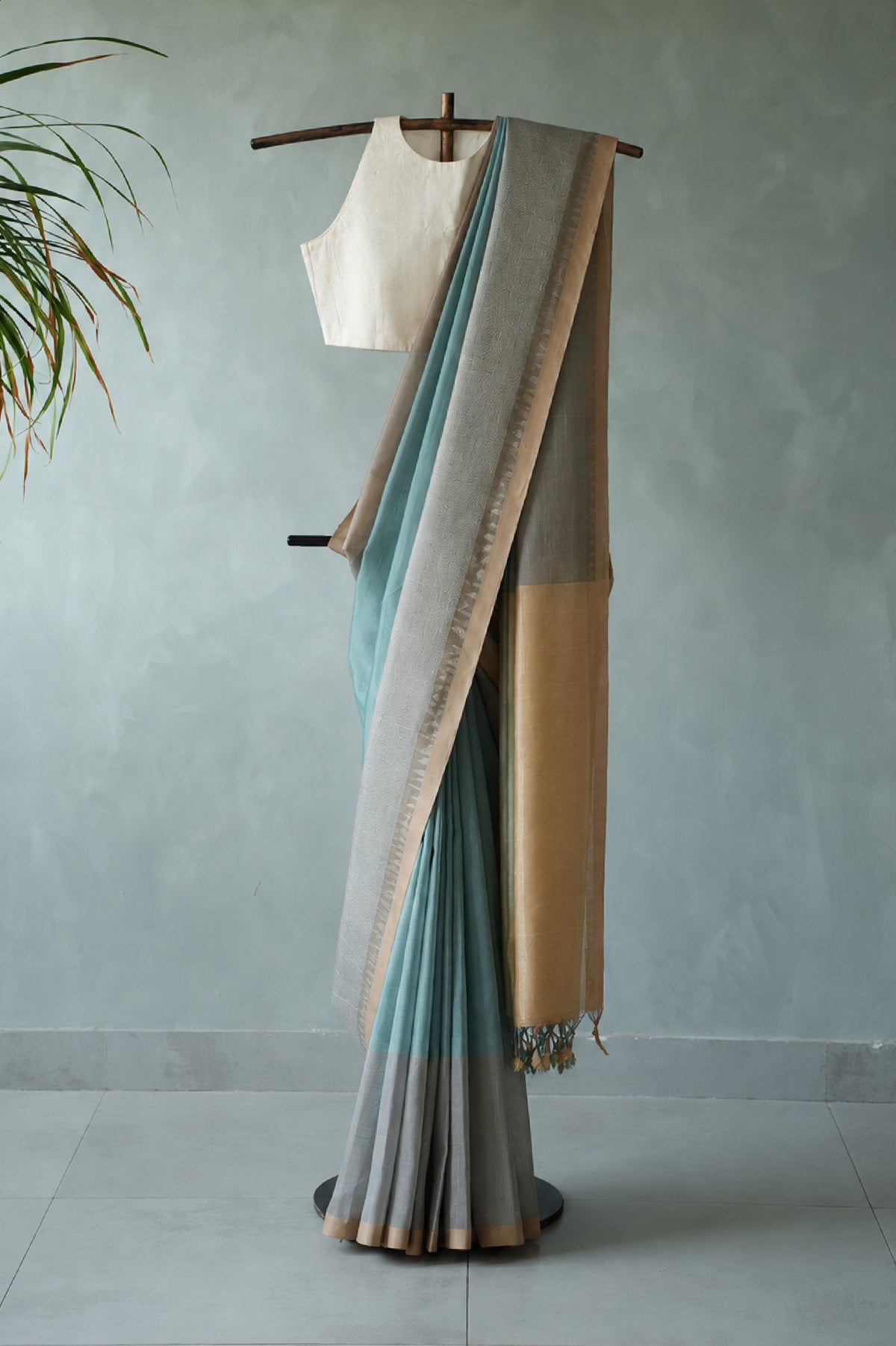 Dusty Aqua Blue Mangalagiri Silk Cotton Saree with Silver Zari Border and Beige Pallu