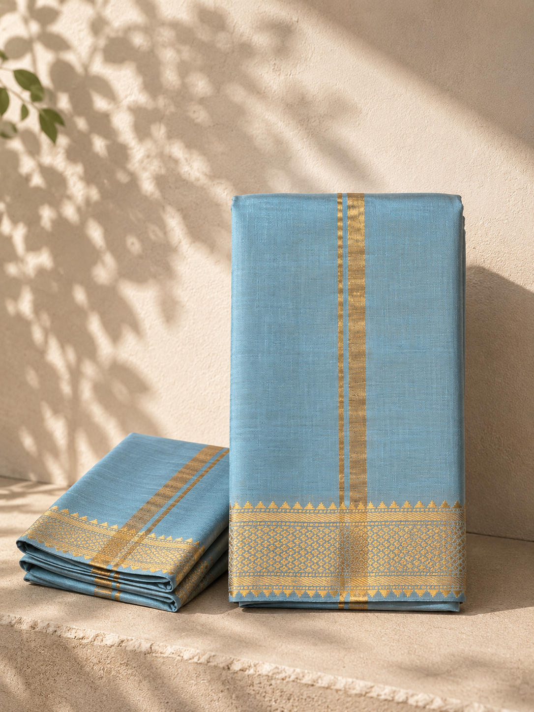 Sky Blue Mangalagiri Silk Cotton Vesti Set with Gold Border