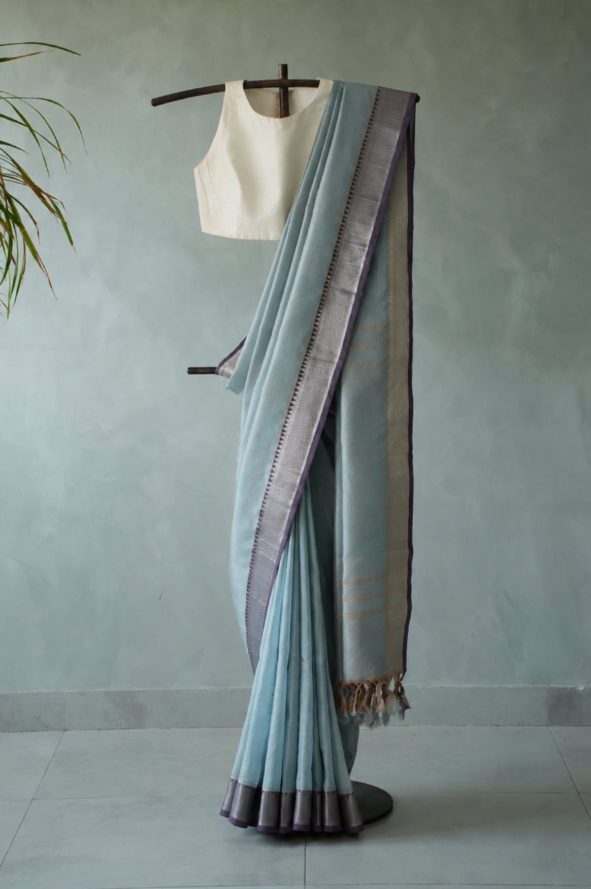 Pastel Powder Blue Mangalagiri Silk Cotton Saree with Lavender-Grey Silver Zari Border