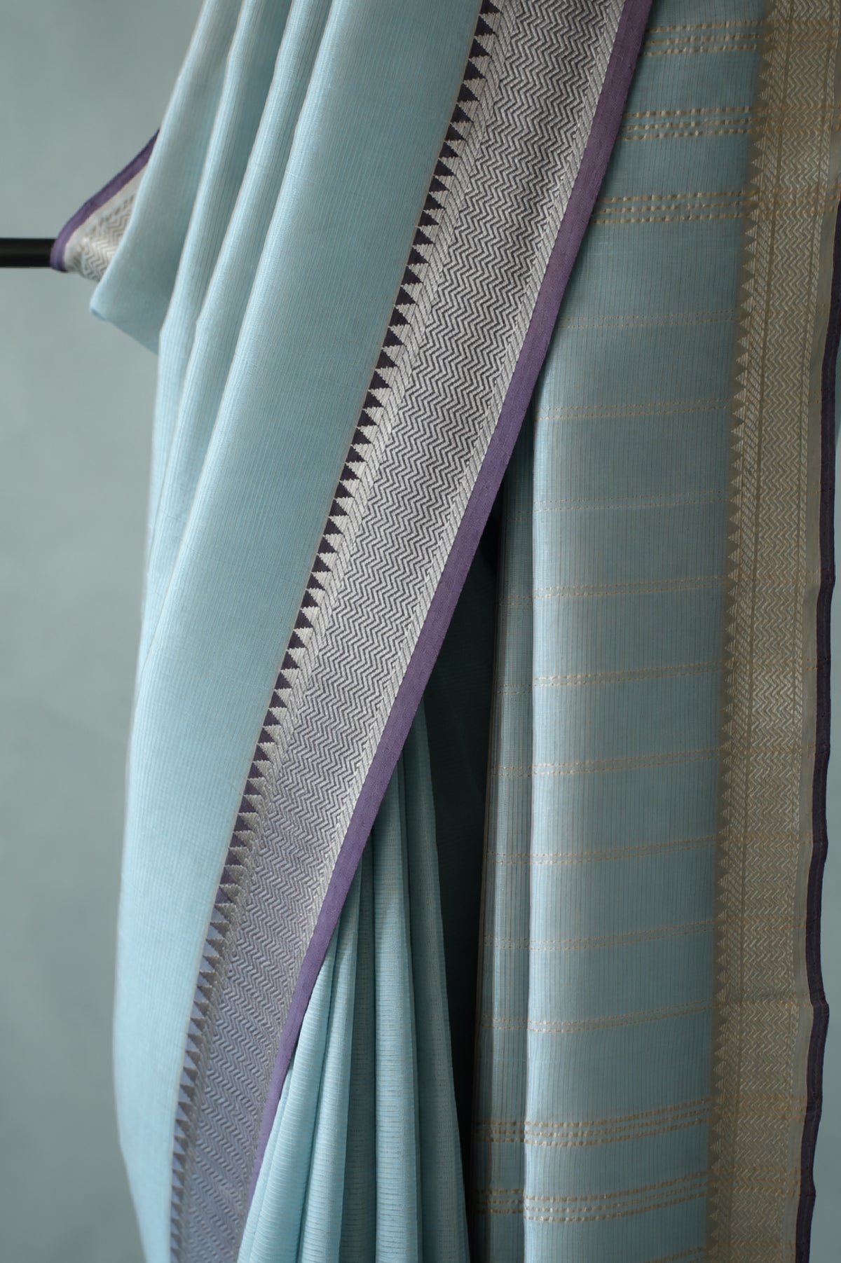 Pastel Powder Blue Mangalagiri Silk Cotton Saree with Lavender-Grey Silver Zari Border