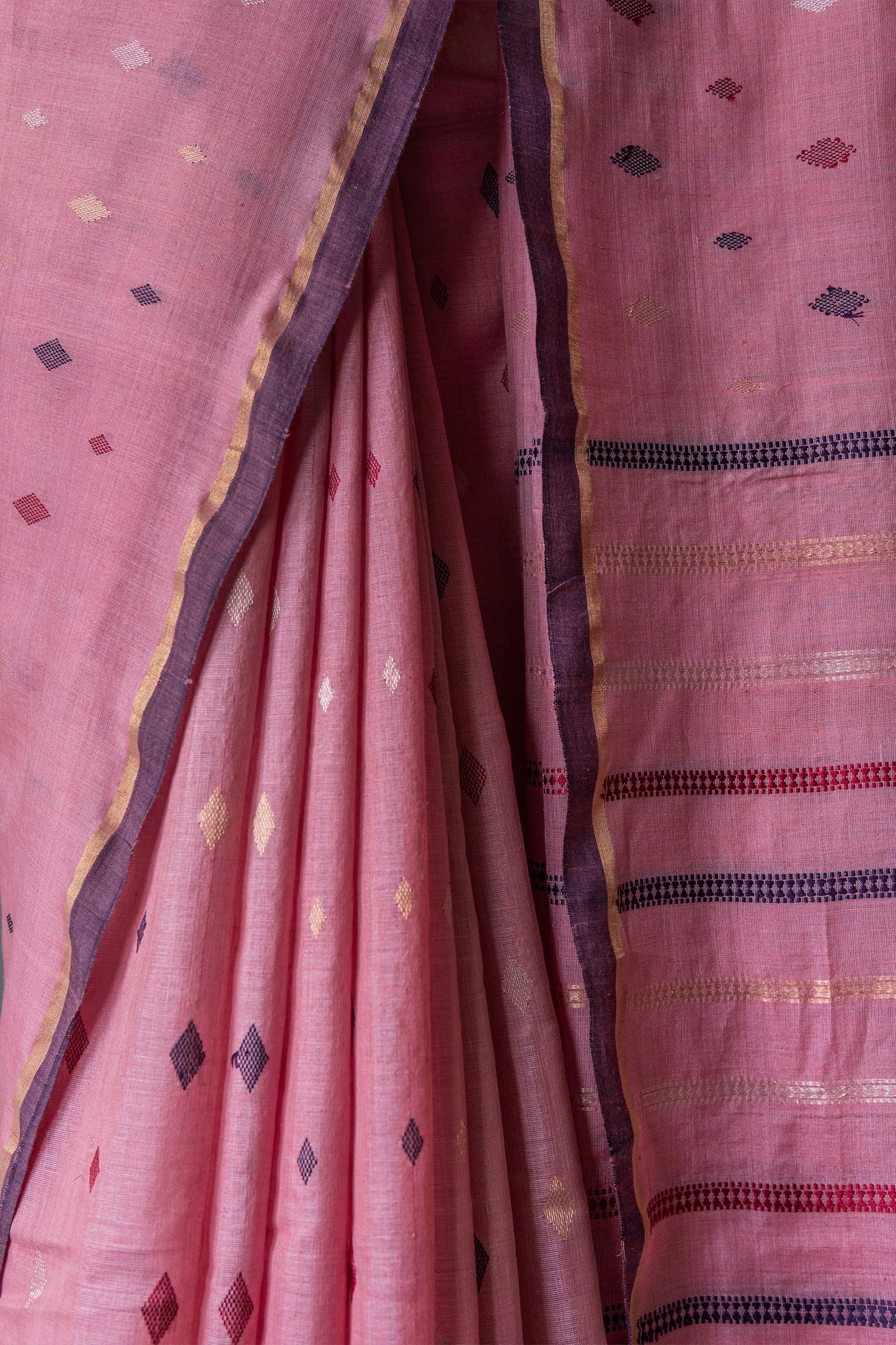 Pink Tissue Khadi with Multicolour Diamond Motif Body Saree