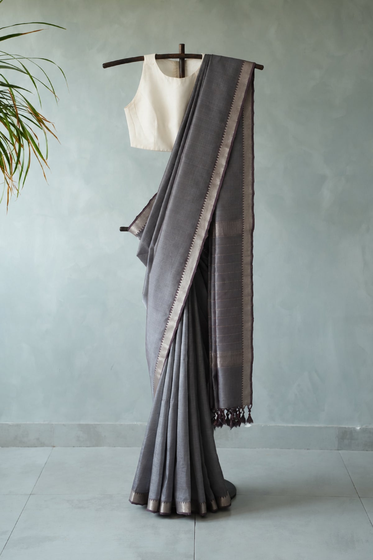 Slate Grey Mangalagiri Silk Cotton Saree with Silver Zari Border