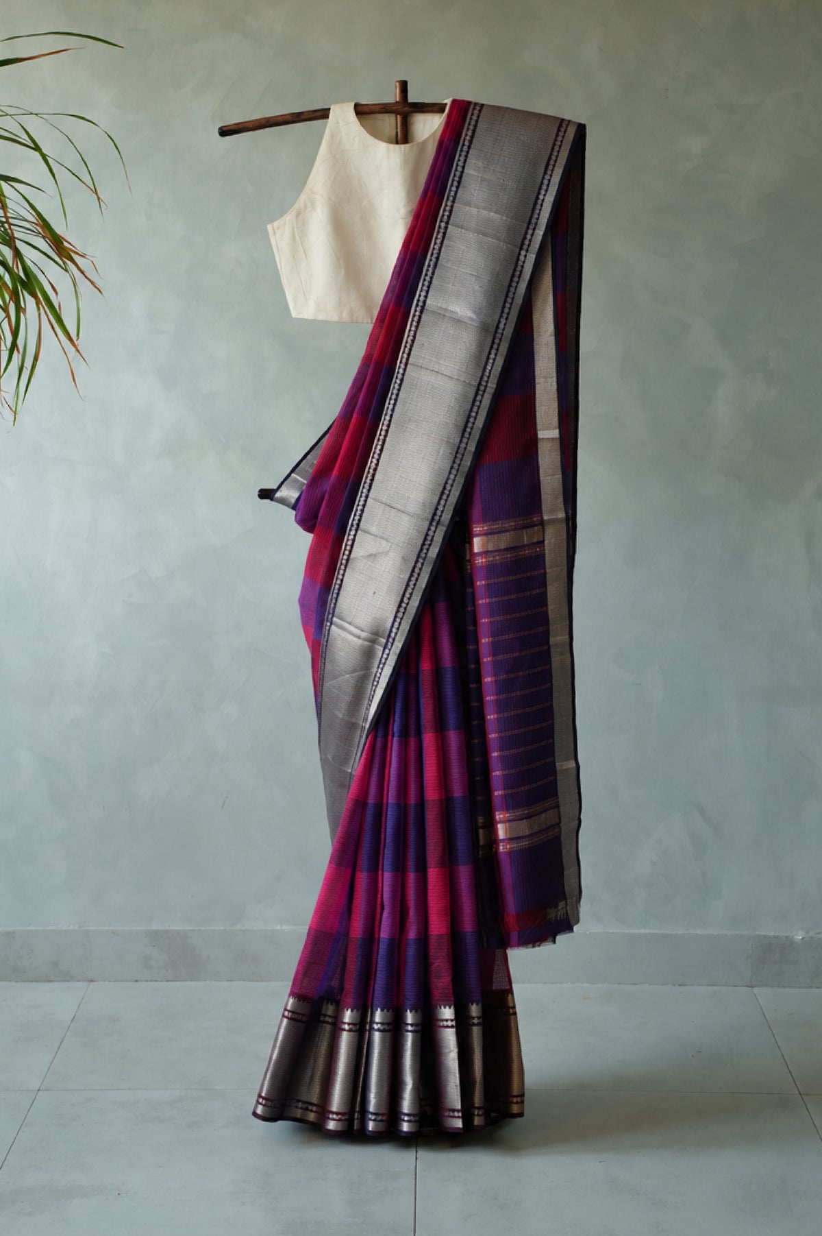 Magenta Pink and Deep Purple Checked Mangalagiri Silk Cotton Saree with Broad Silver Zari Border