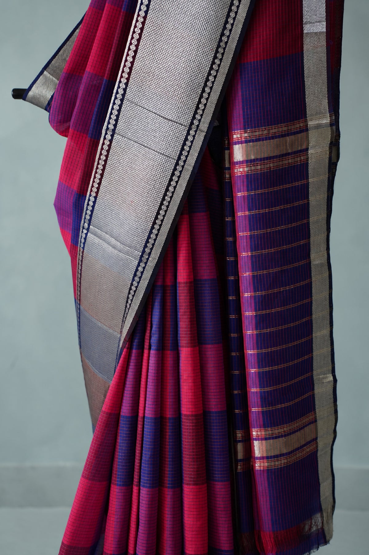 Magenta Pink and Deep Purple Checked Mangalagiri Silk Cotton Saree with Broad Silver Zari Border