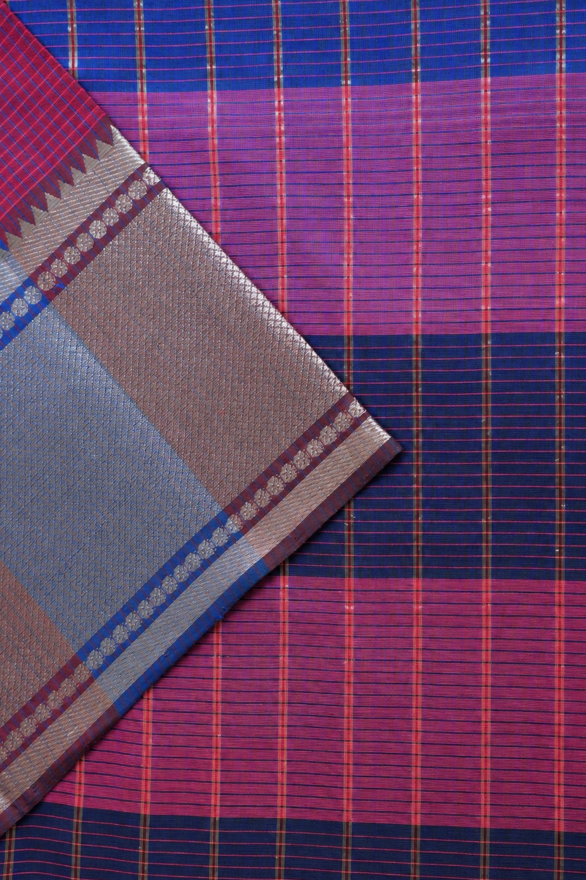 Magenta Pink and Deep Purple Checked Mangalagiri Silk Cotton Saree with Broad Silver Zari Border