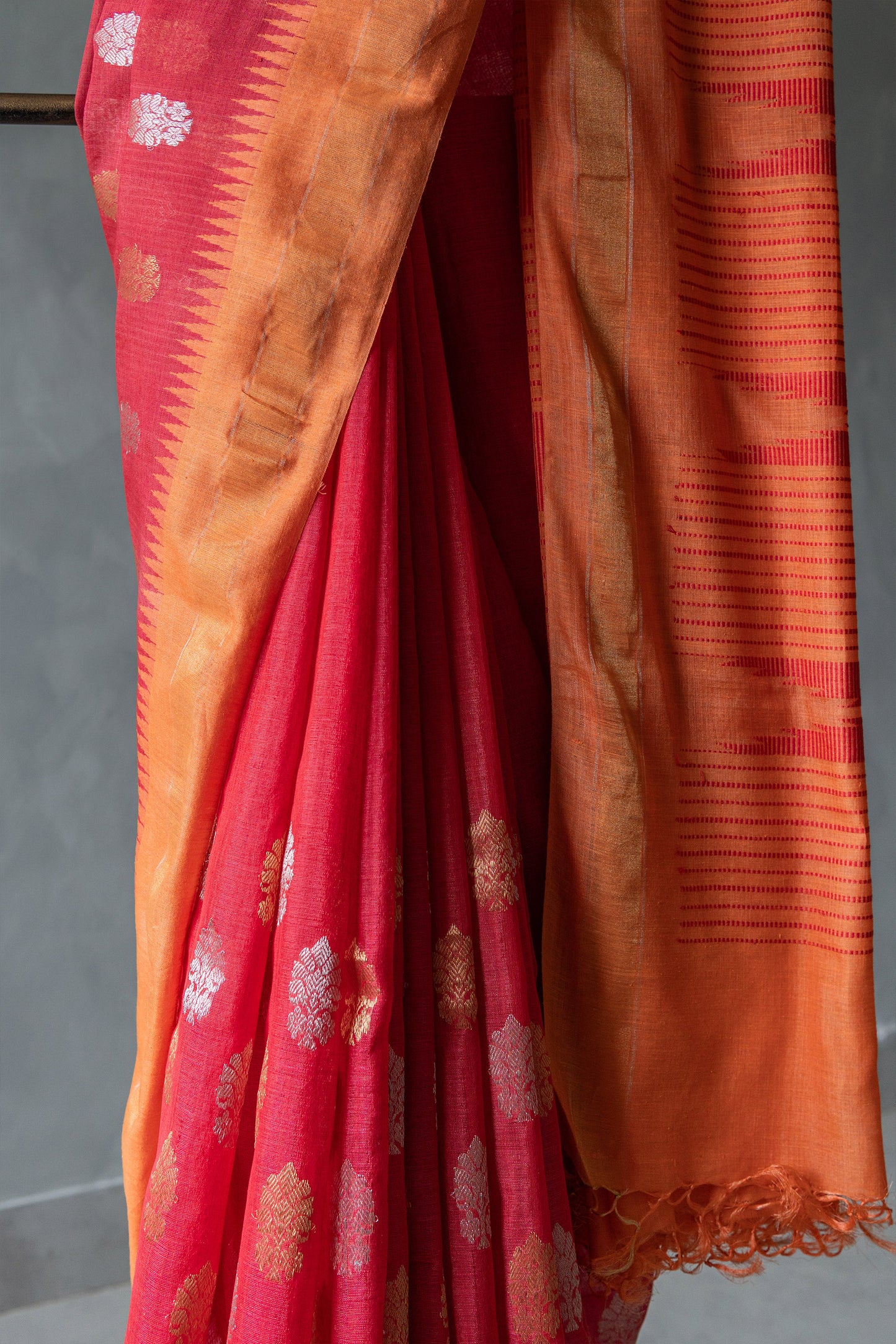 Red Tissue Silk Khadi with half and half motif saree