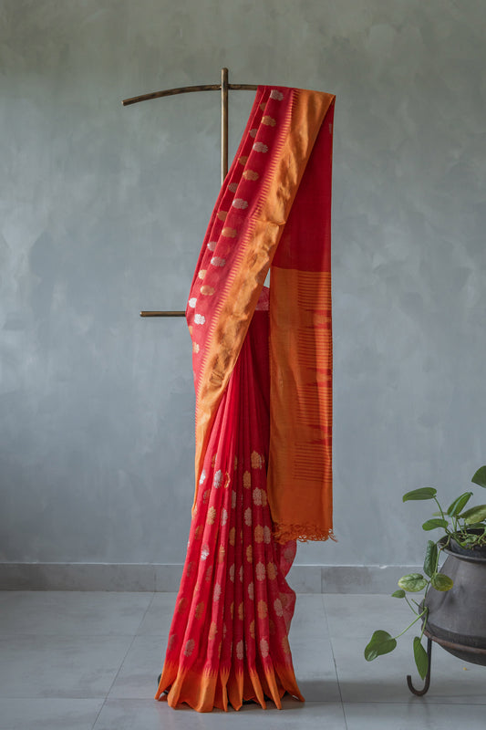 Red Tissue Silk Khadi with half and half motif saree