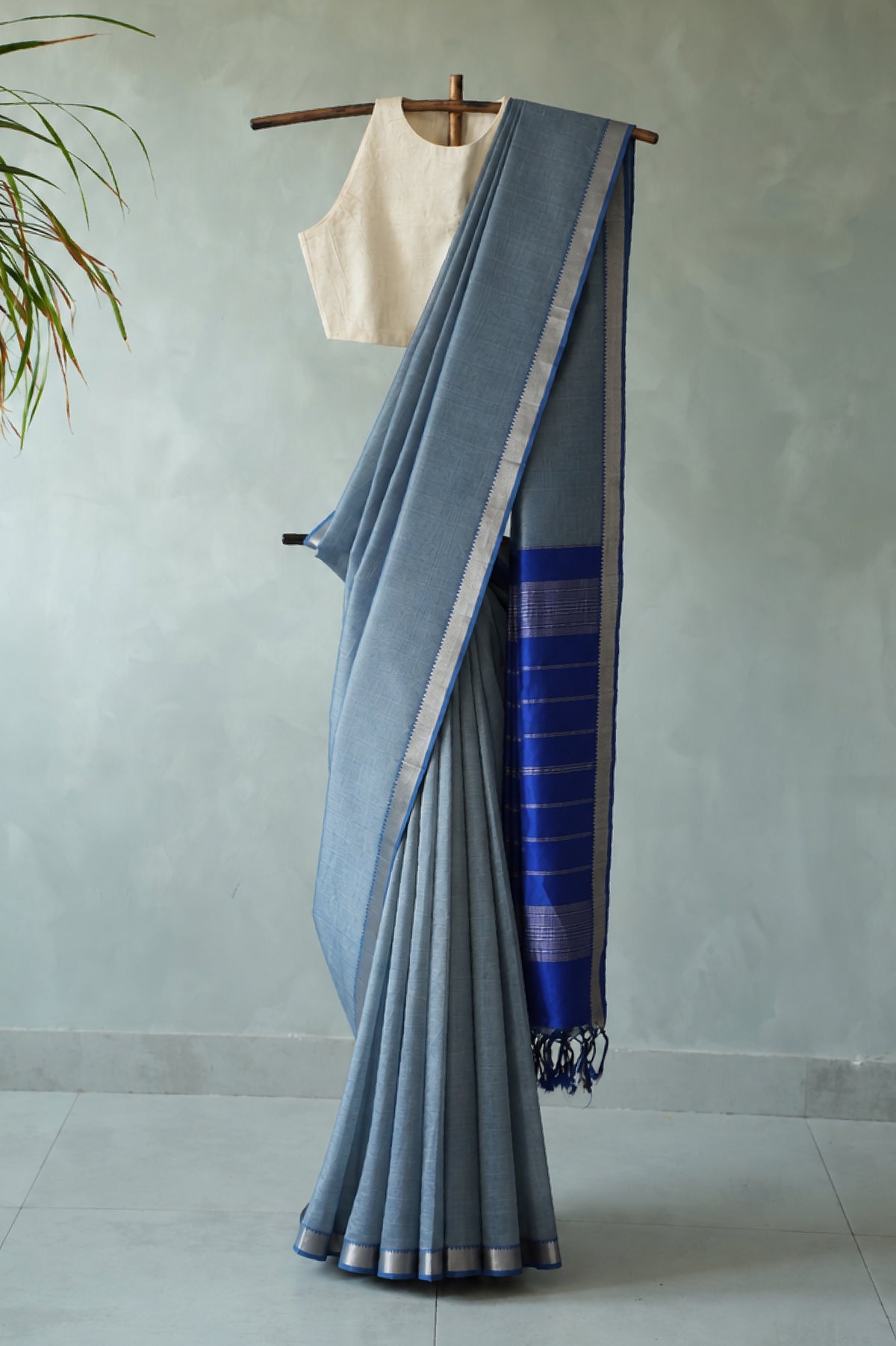 Slate Blue Mangalagiri Silk Cotton Saree with Silver Zari Border and Royal Blue Pallu