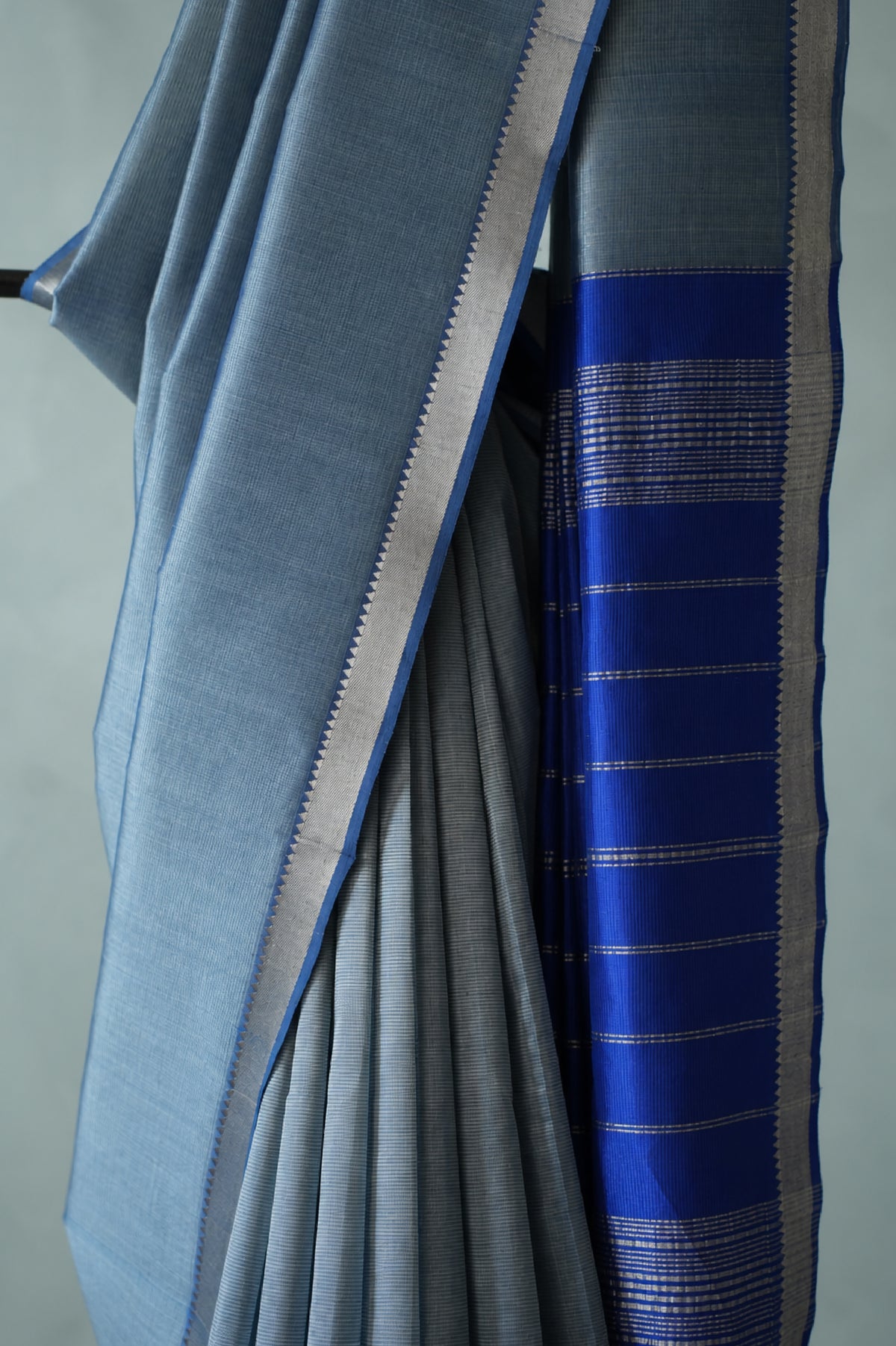 Slate Blue Mangalagiri Silk Cotton Saree with Silver Zari Border and Royal Blue Pallu