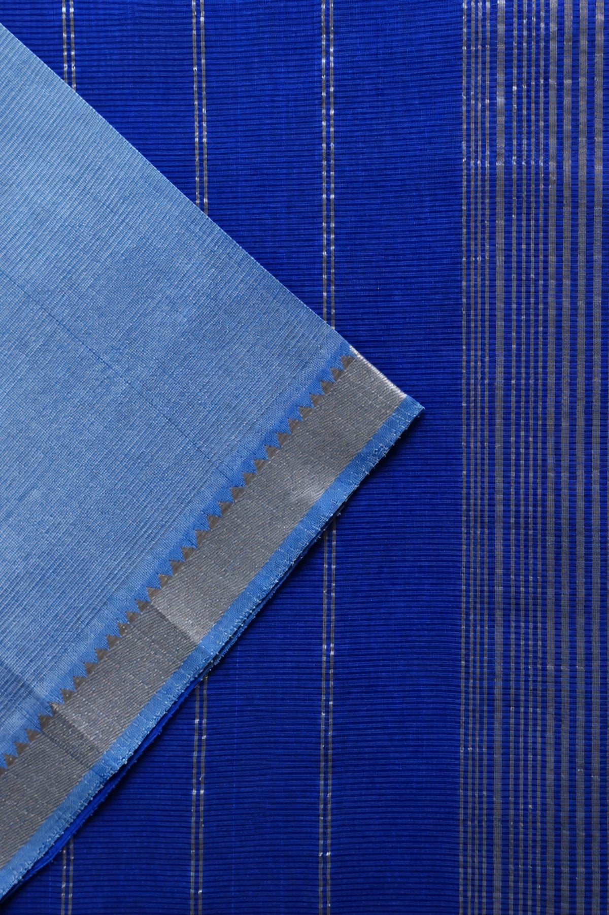 Slate Blue Mangalagiri Silk Cotton Saree with Silver Zari Border and Royal Blue Pallu
