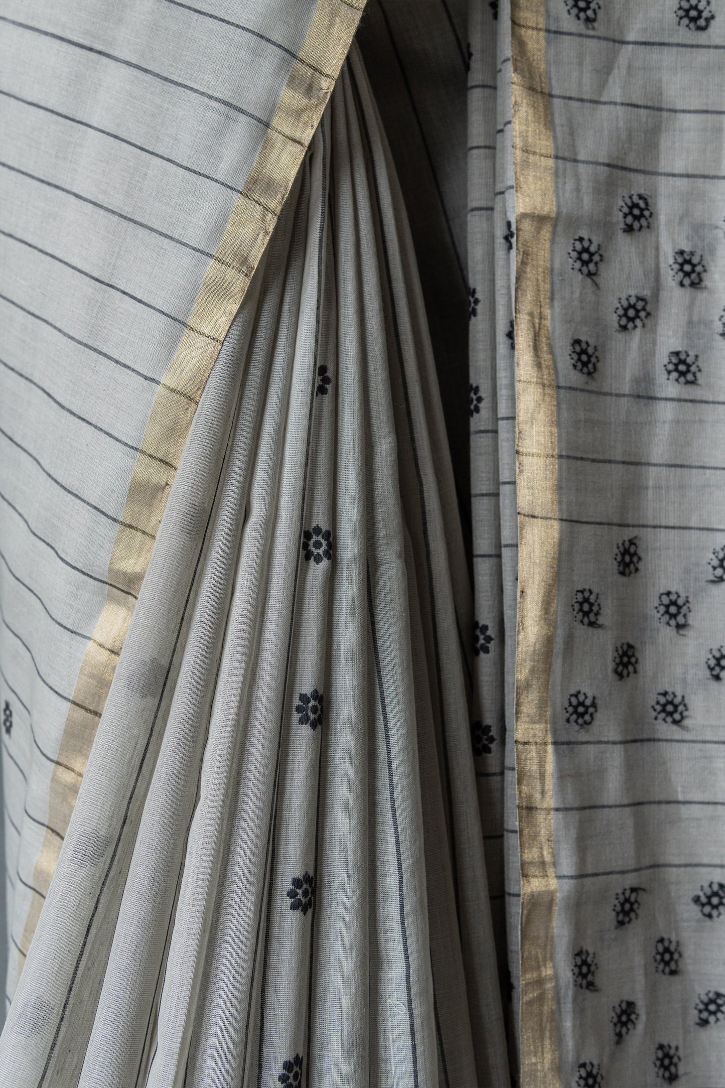 Grey Khadi Silk with Striped Body and Karnpool Motif Saree