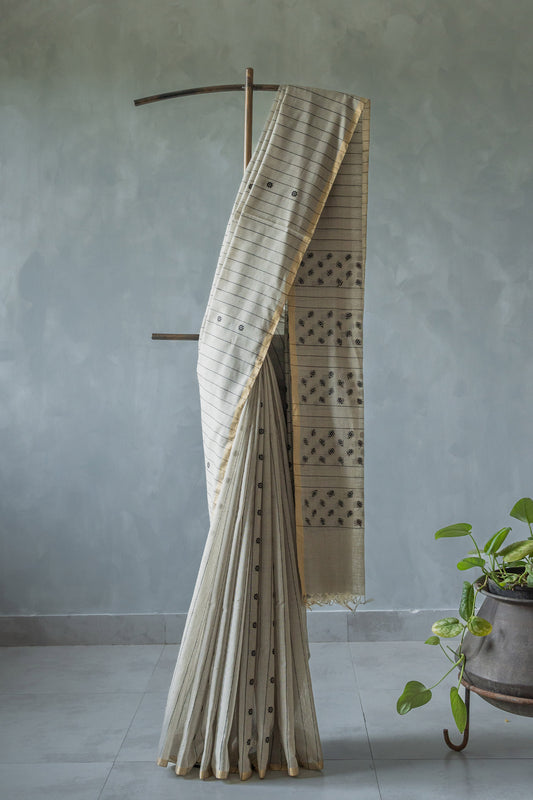 Grey Khadi Silk with Striped Body and Karnpool Motif Saree