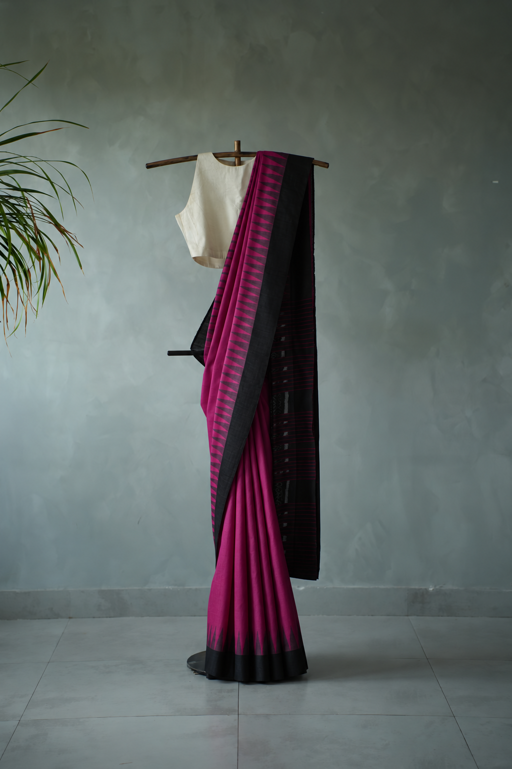 Magenta Tussar Silk with Black Temple Border Saree