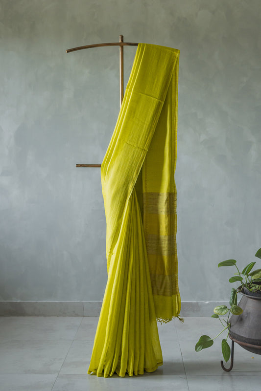 Lemon Green Tussar Silk with Small Zari Border Saree