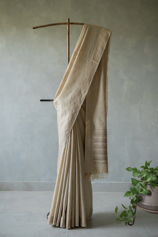 Beige Tussar Moonga Plain Body with Woven Border and Pallu Saree