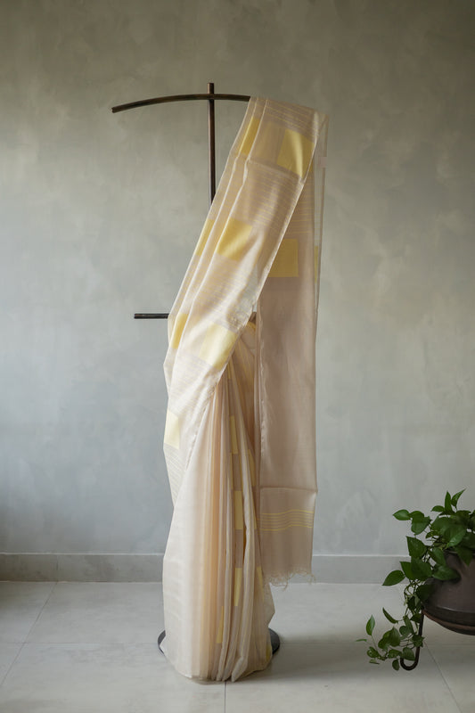Light Grey Silk Cotton with Yellow Stripes and Woven Square Motifs Saree