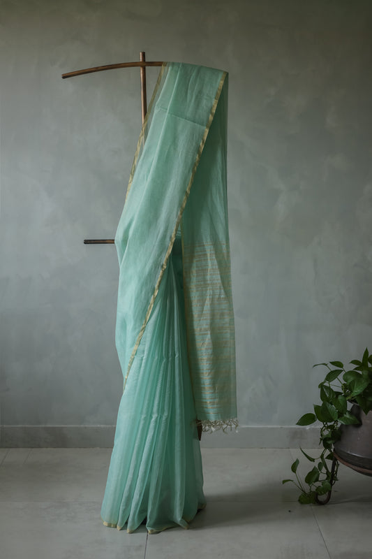 Sea Blue Silk Cotton All Over Small Zari Checks Saree