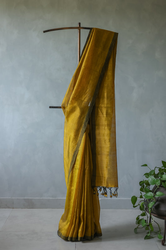 Dark Yellow with Brown Border Plain Silk Cotton Saree