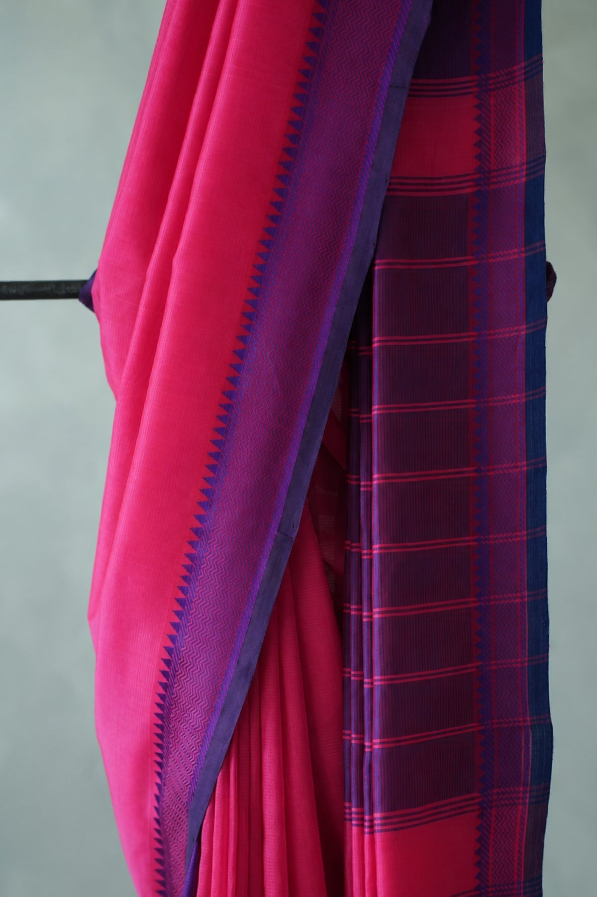 Bright Pink Mangalagiri Silk Cotton with Violet thread border saree