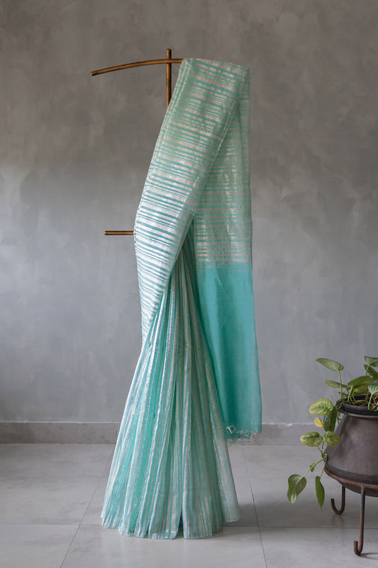 Blue Silk Cotton All Over Stripes & Plain Pallu Saree