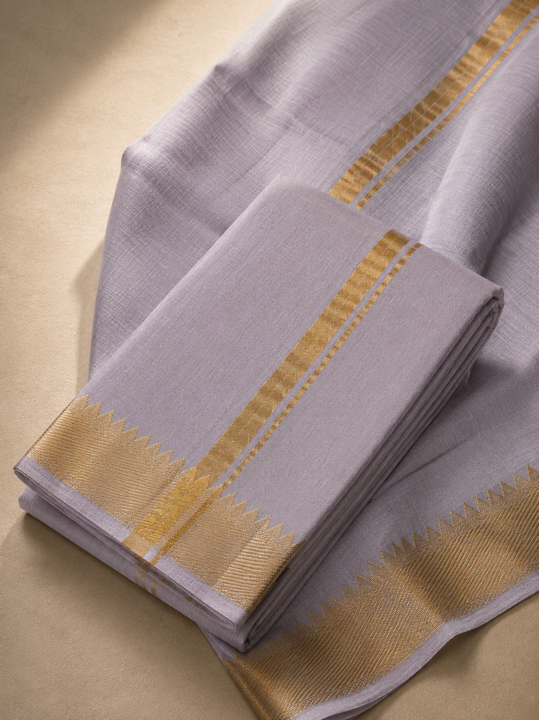 Lilac Mangalagiri Silk Cotton Veshti Set with Gold Zari Border