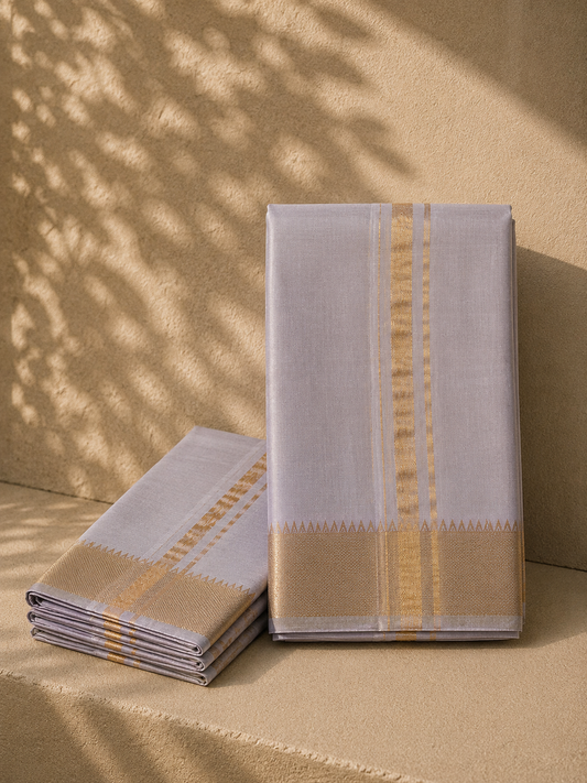 Lilac Mangalagiri Silk Cotton Veshti Set with Gold Zari Border