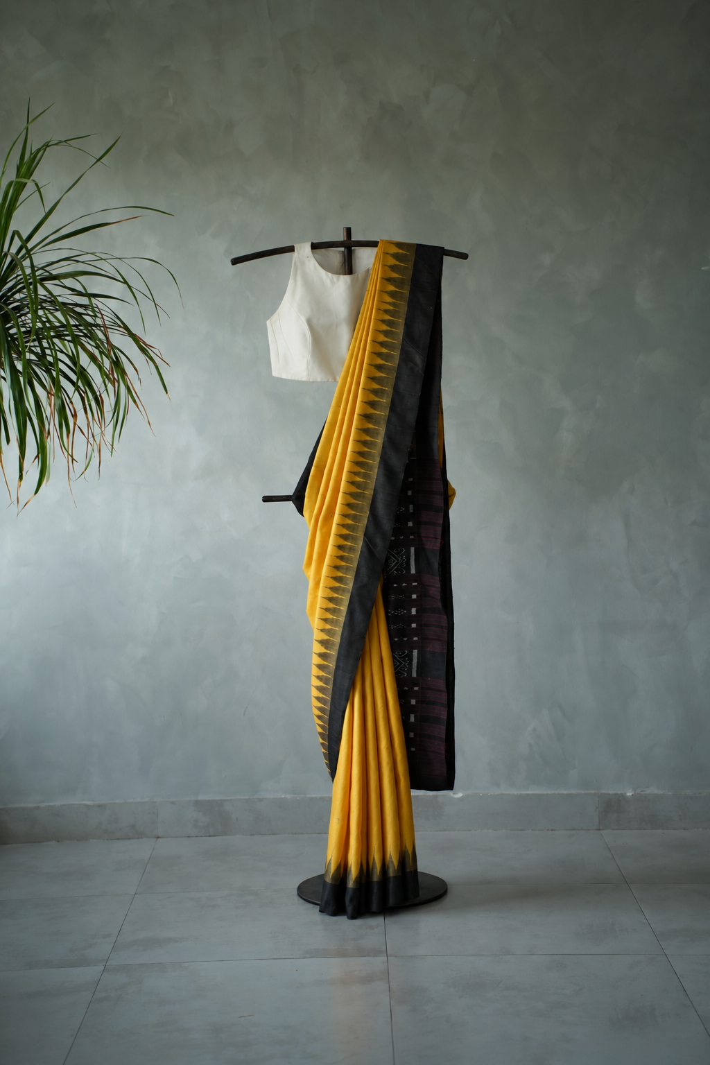 Bright Yellow Tussar Silk with Black Temple Border Saree