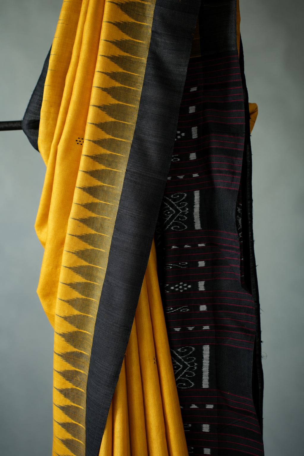 Bright Yellow Tussar Silk with Black Temple Border Saree