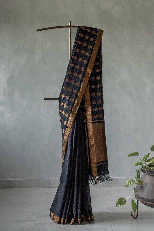 Black Khadi Silk with Geometric Motif all over the Body Saree