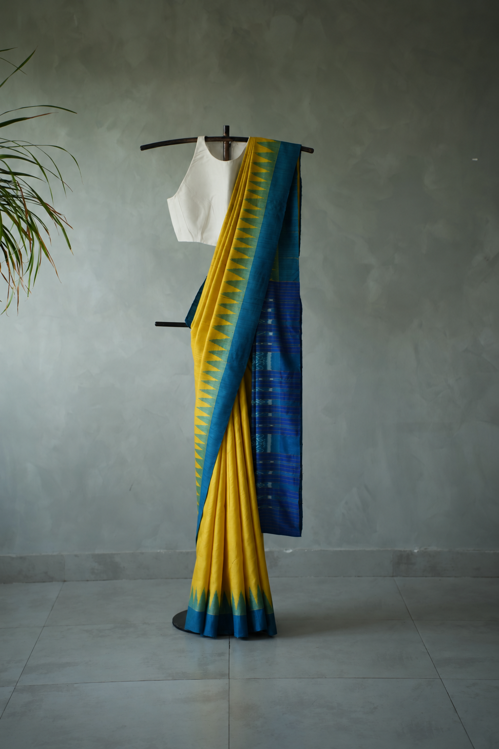 Bright Yellow Tussar Silk with Royal Blue Temple Border Saree