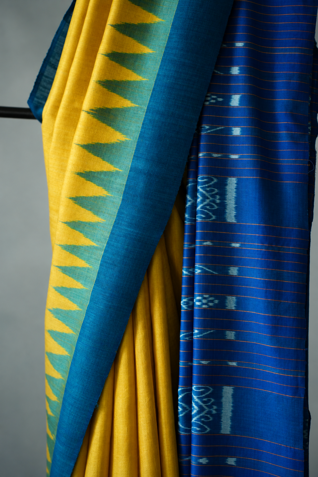 Bright Yellow Tussar Silk with Royal Blue Temple Border Saree