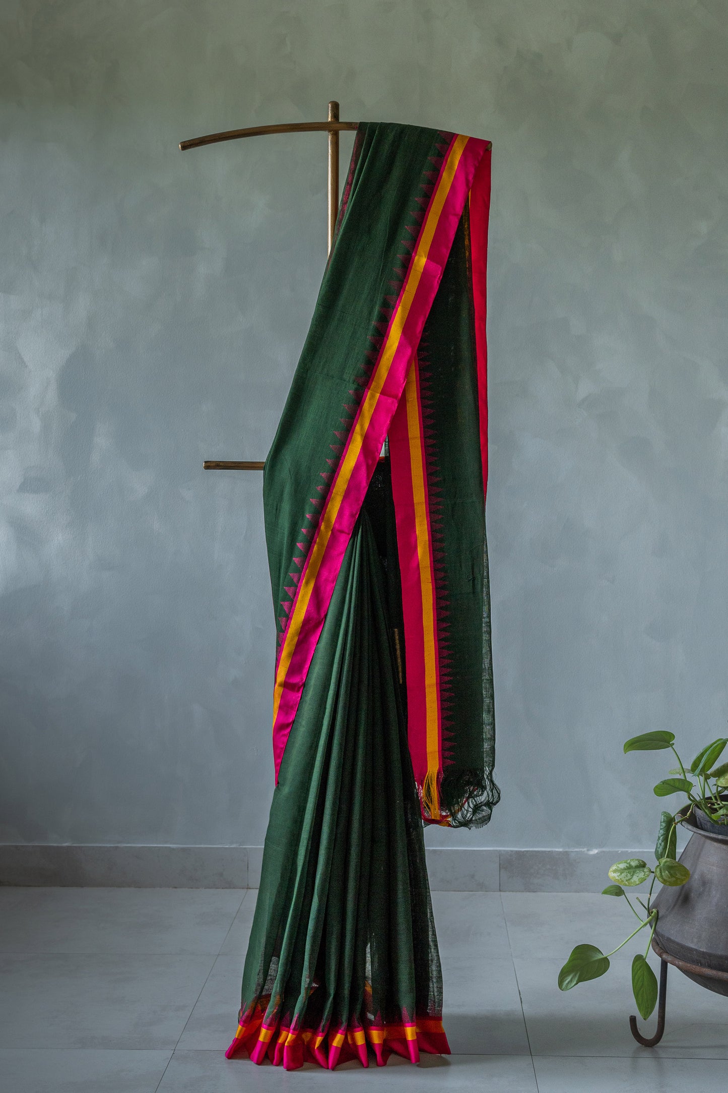 Green Khadi Plain Body with Pink Silk Border Saree