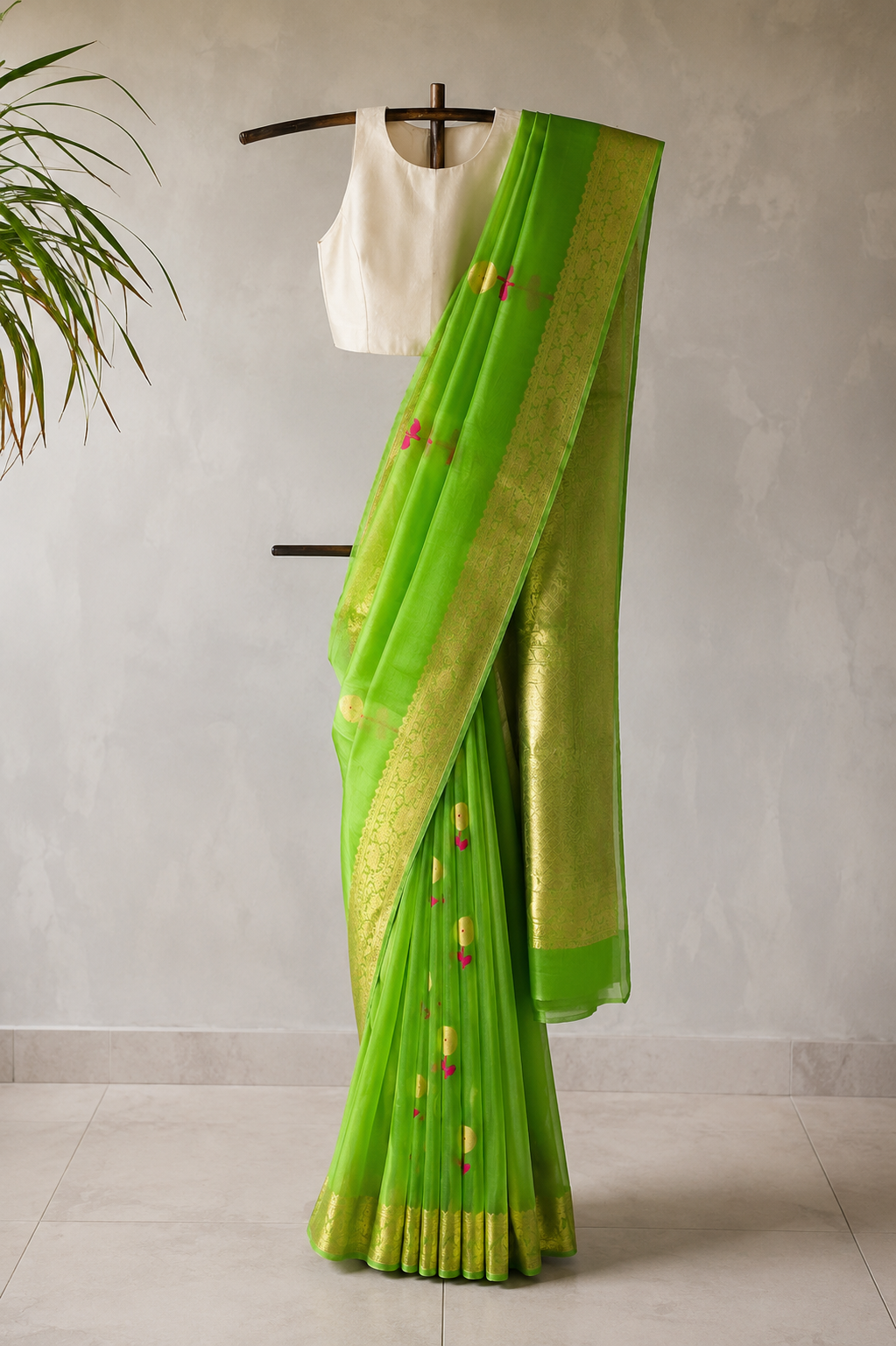 Banaras Organza Silk Saree in Vibrant Parrot Green