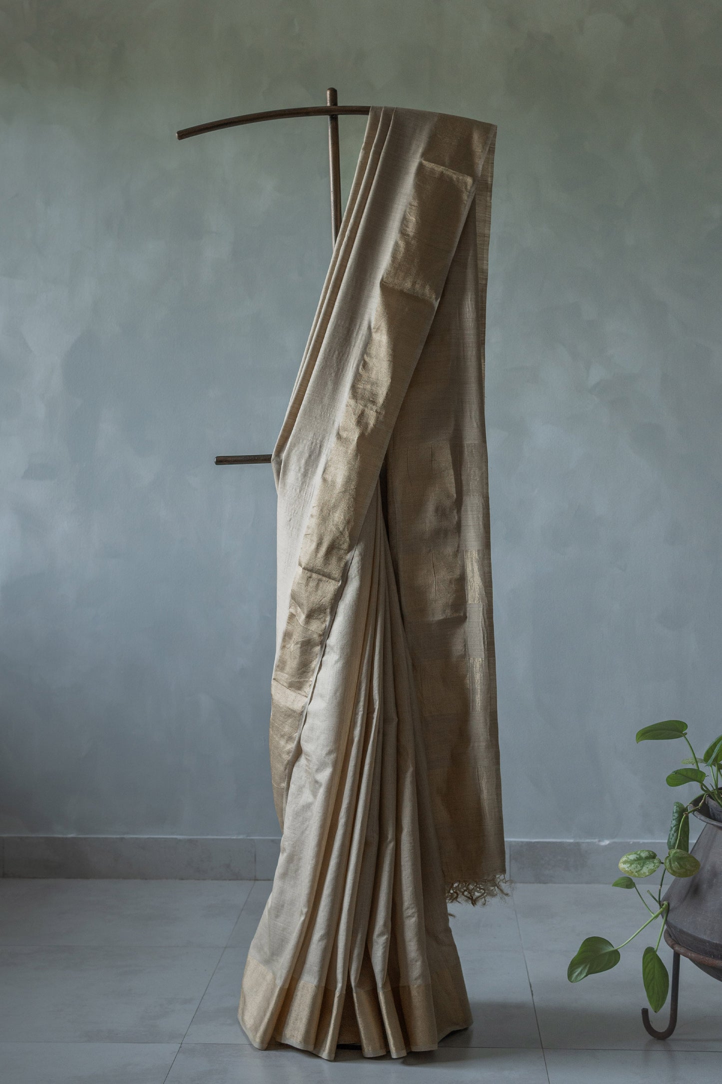 Beige Tussar Silk with Moonga Gold twill Border Saree