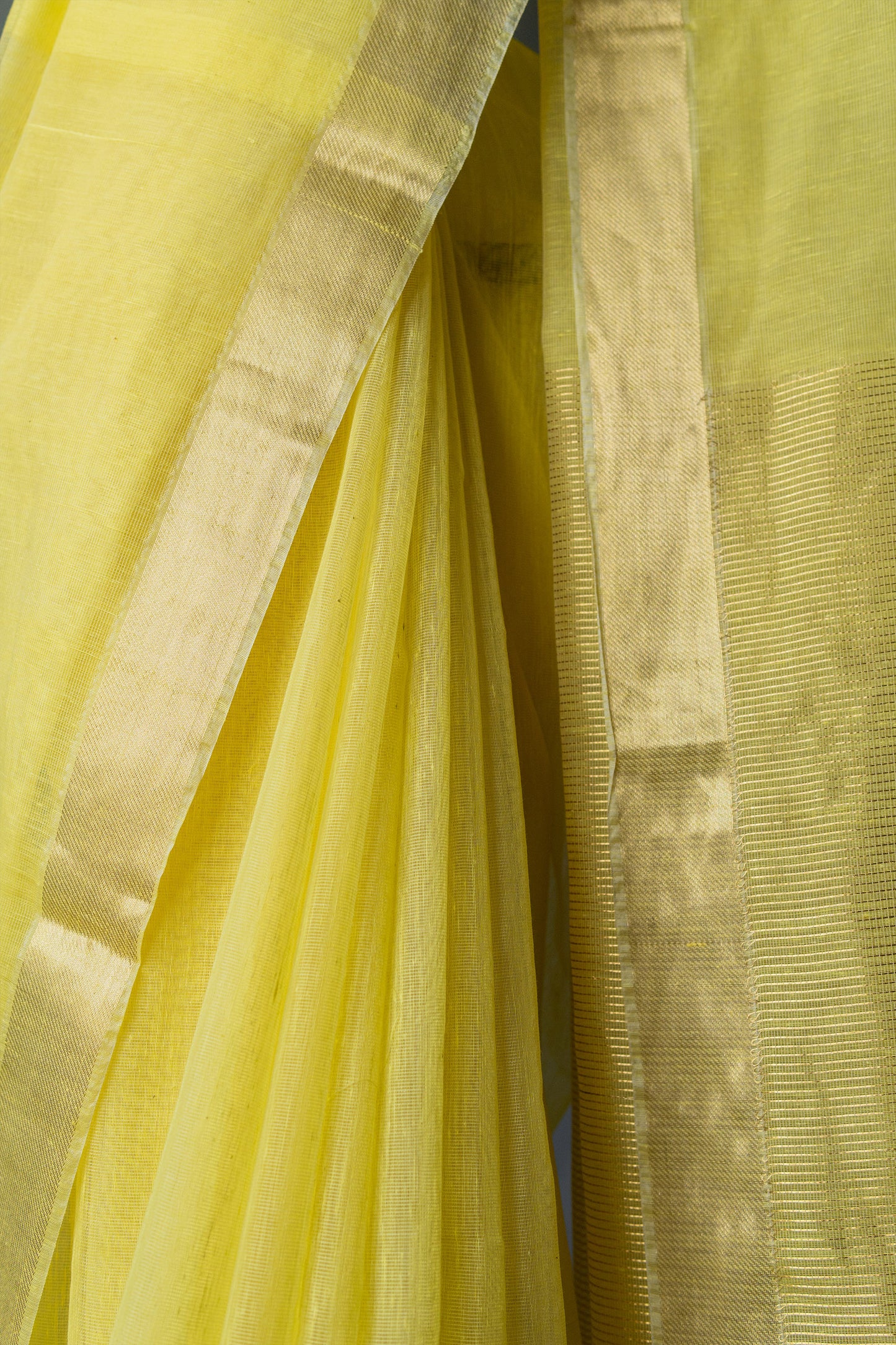 Lime Yellow Khadi Silk with Zari  Border and Stripes Pallu Saree